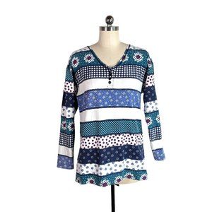 vintage 90s multi print 100% cotton knit top M shirt retro funky grunge vtg